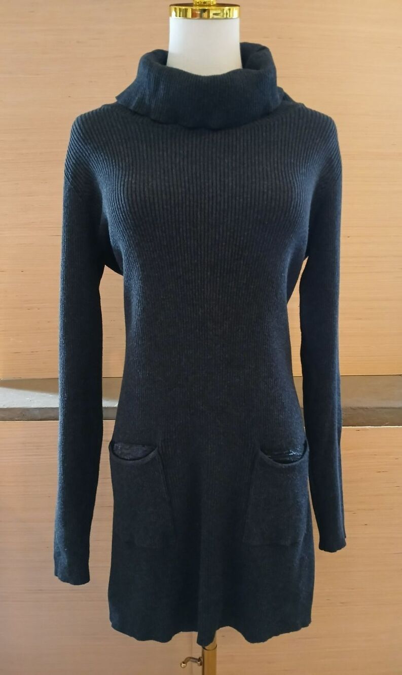 AB Studio Women's Large Cotton Blend Long Sleeve Ribbed Sweater Dress Pockets